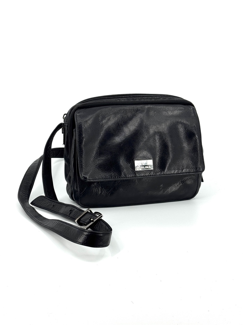 Perlina Medium Black Leather Shoulder Bag